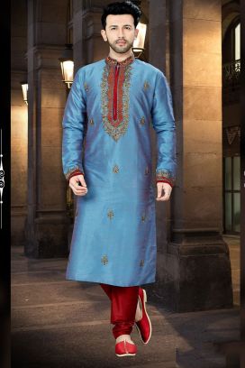 2 Toned Blue Art Dupion Designer Kurta Pajama (KFM-3774)