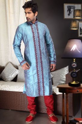 2 Toned Blue Art Dupion Kurta Pajama (KFM-1476)