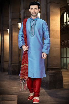 2 Toned Blue Art Dupion Regular Kurta Pajama (KFM-3760)