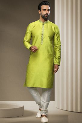 2 Toned Green Jaquard Silk Brocade Kurta Pajama (KFM-5954)