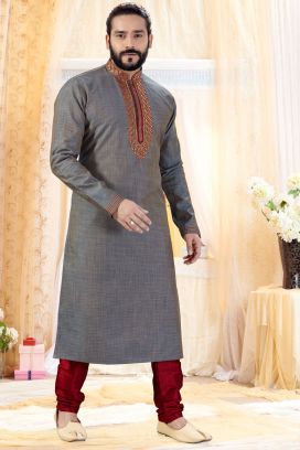 2 Toned Grey Cotton Silk Kurta Pajama (KFM-4252)