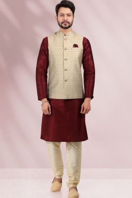 Banarasi Silk Beige Mens Nehru Jacket (KFM-6458)