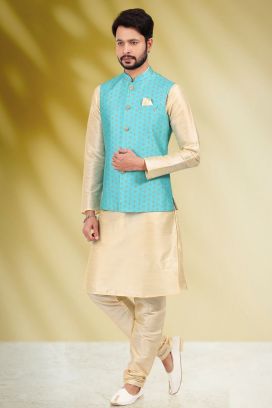 Banarasi Silk Blue Nehru Jacket for Men (KFM-6459)