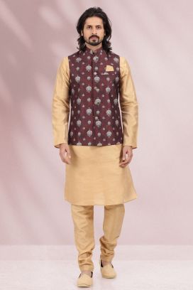 Banarasi Silk Wine Mens Nehru Jacket(KFM-6450)
