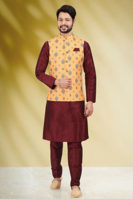 Banarasi Silk Yellow Nehru Jacket for Men (KFM-6451)