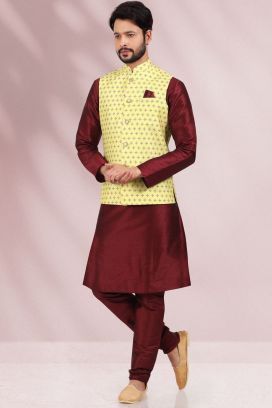 Banarasi Silk Yellow Nehru Jacket for Men (KFM-6456)
