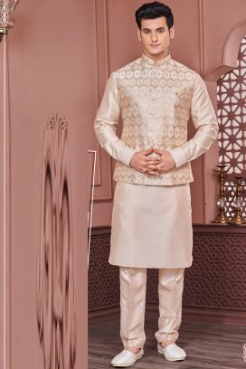 Beige Art Banarasi Silk Nehru Jacket (KFM-7402)