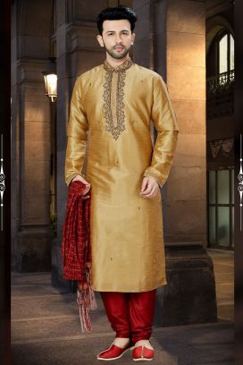 Beige Art Dupion Designer Kurta Pajama (KFM-3785)