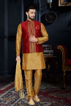 Beige Art Dupion Jacket Style Kurta (KFM-3439)
