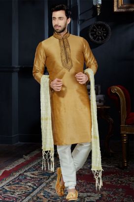 Beige Art Dupion Mens Kurta Pajama (KFM-3441)