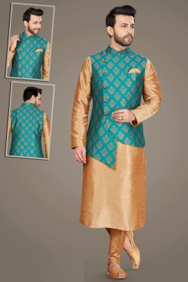 Beige Art Silk, Blue Jaquard Nehru Jacket (KFM-5137)