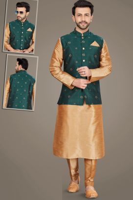 Beige Art Silk, Green Jaquard Nehru Jacket (KFM-5130)