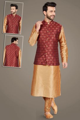 Beige Art Silk Nehru Jacket for Men (KFM-5129)