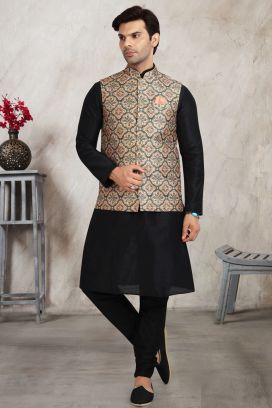Beige Banarasi Silk Mens Nehru Jacket (KFM-5688)