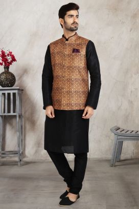 Beige Banarasi Silk Nehru Jacket (KFM-5691)