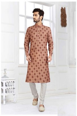 Beige Cotton Printed Kurta Pajama (KFM-5715)