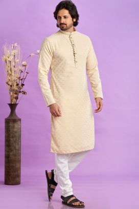 Beige Jaquard Silk Kurta Pajama (KFM-7568)