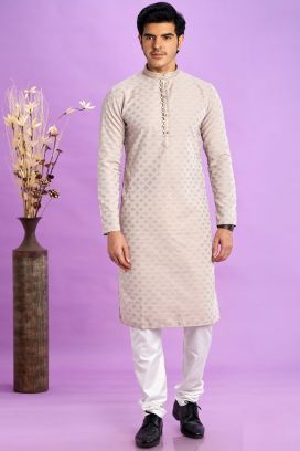 Beige Jaquard Silk Kurta Pajama (KFM-7571)
