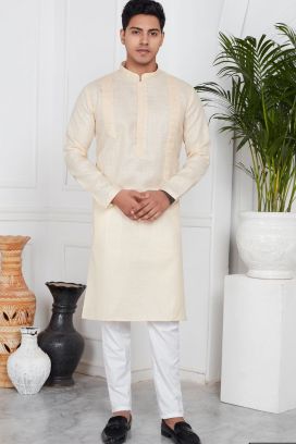 Beige Linen Cotton Kurta Pajama (KFM-7581)