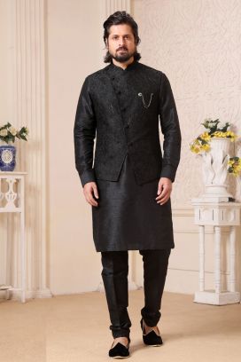 Black Art Banarasi Silk Jacket Kurta for Men (KFM-5617)