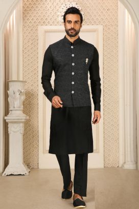 Black Art Banarasi Silk Mens Nehru Jacket (KFM-6322)