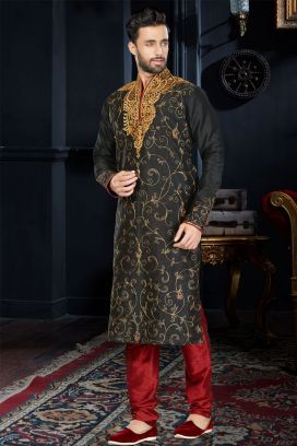 Black Art Dupion Kurta Pajama (KFM-3406)