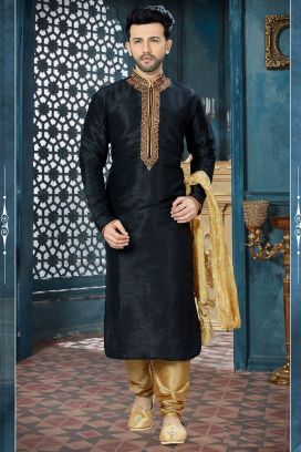 Black Art Dupion Regular Kurta Pajama (KFM-3831)