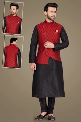 Black Art Silk Mens Nehru Jacket (KFM-5133)