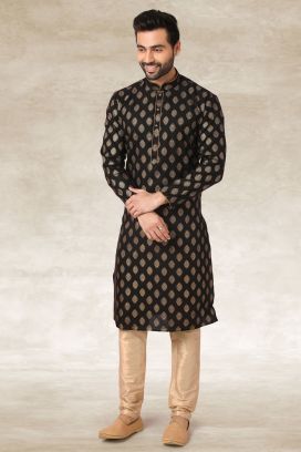 Black Cotton Mens Kurta Pajama (KFM-5666)