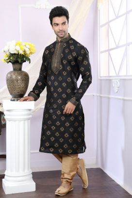 Black Jaquard Mens Kurta Pajama (KFM-4070)