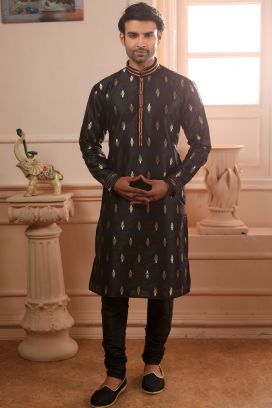 Black Jaquard Silk Brocade Kurta Pajama (KFM-4508)