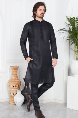 Black Linen Cotton Kurta Pajama (KFM-7582)