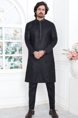 Black Linen Cotton Kurta Pajama (KFM-7596)