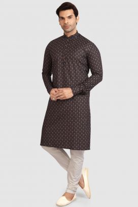 Black, Peach Cotton Printed Kurta Pajama (KFM-5732)