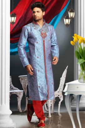 Blue 2 Toned Art Dupion Kurta Pajama (KFM-1584)