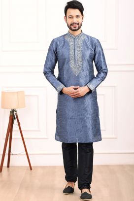 Blue Art Banarasi Silk Kurta Pajama for Men (KFM-7011)