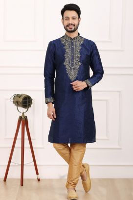 Blue Art Banarasi Silk Kurta Pajama for Men (KFM-7023)
