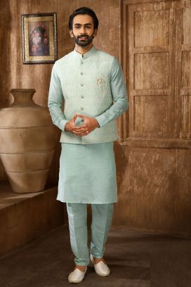 Blue Art Banarasi Silk Nehru Jacket (KFM-6308)