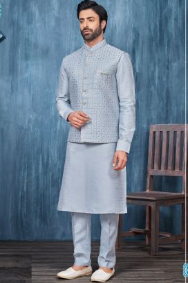 Blue Art Banarasi Silk Nehru Jacket (KFM-7406)