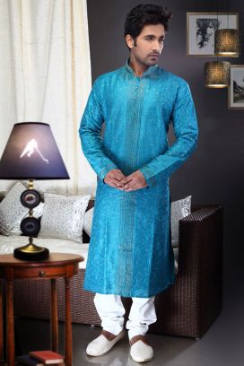 Blue Art Dupion Kurta Pajama for Men (KFM-1468)
