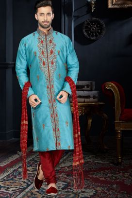 Blue Art Dupion Kurta Pajama (KFM-3407)