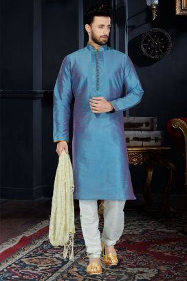 Blue Art Dupion Mens Kurta (KFM-3442)