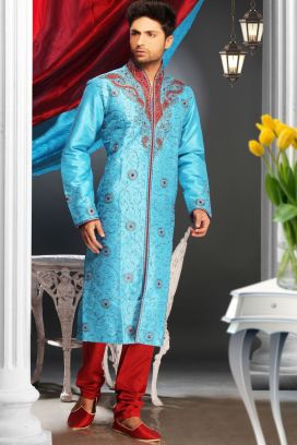 Blue Art Dupion Mens Kurta Pajama (KFM-1578)