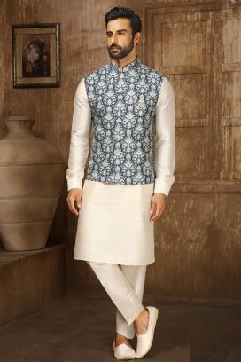 Blue Art Silk Mens Nehru Jacket (KFM-6317)