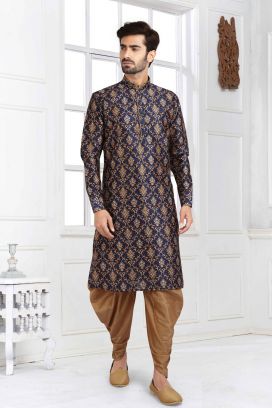 Blue Banarasi Silk Mens Kurta Pajama (KFM-5713)