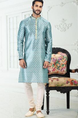 Blue Banarasi Silk Mens Kurta Pajama (KFM-6696)