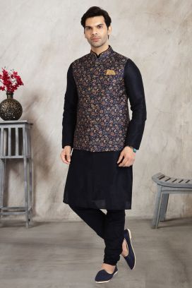 Blue Banarasi Silk Nehru Jacket (KFM-5680)