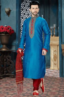 Blue Banglori Silk Regular Kurta Pajama (KFM-3815)