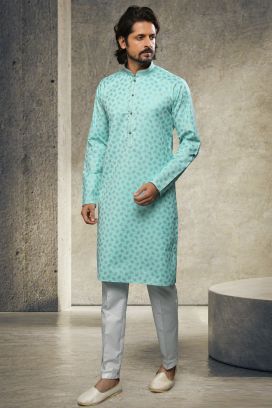Blue Cotton Kurta Pajama for Men (KFM-6145)