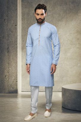 Blue Cotton Kurta Pyjama for Men (KFM-6143)